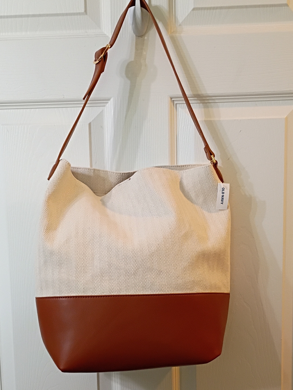 Old Navy Cream Canvas Preppy Bucket  Bag with Brown Faux Leather Base